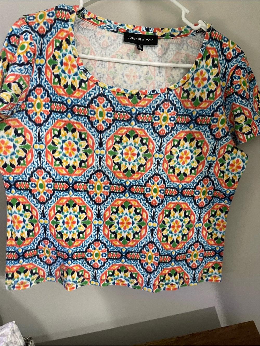 Jones New York Women's Multicolor Short Sleeve Printed Top - Blue/Yellow/Orange